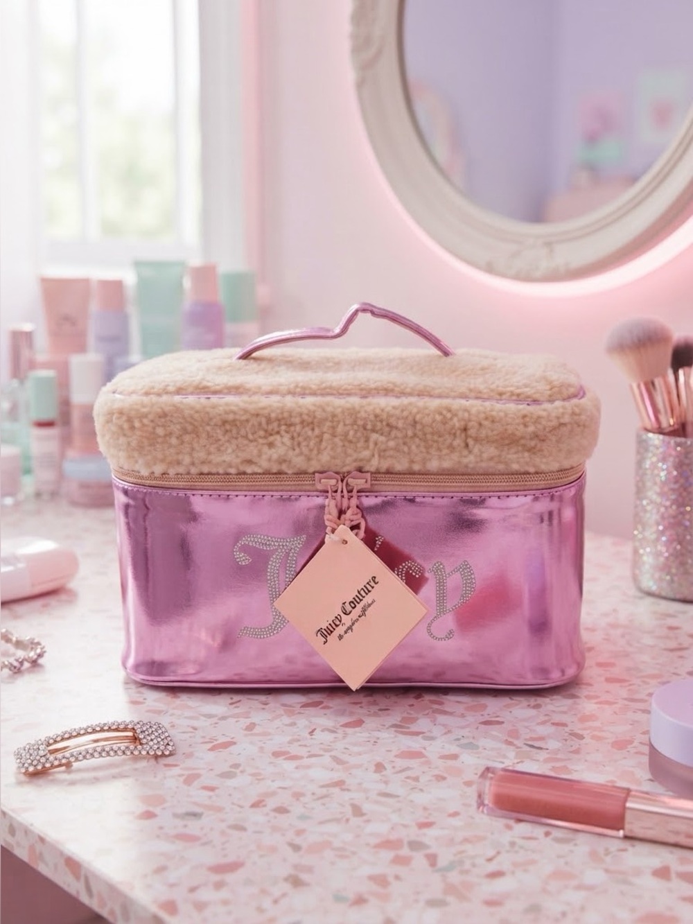 Juicy Couture pink metallic Sherpa zip top cosmetic bag NWT